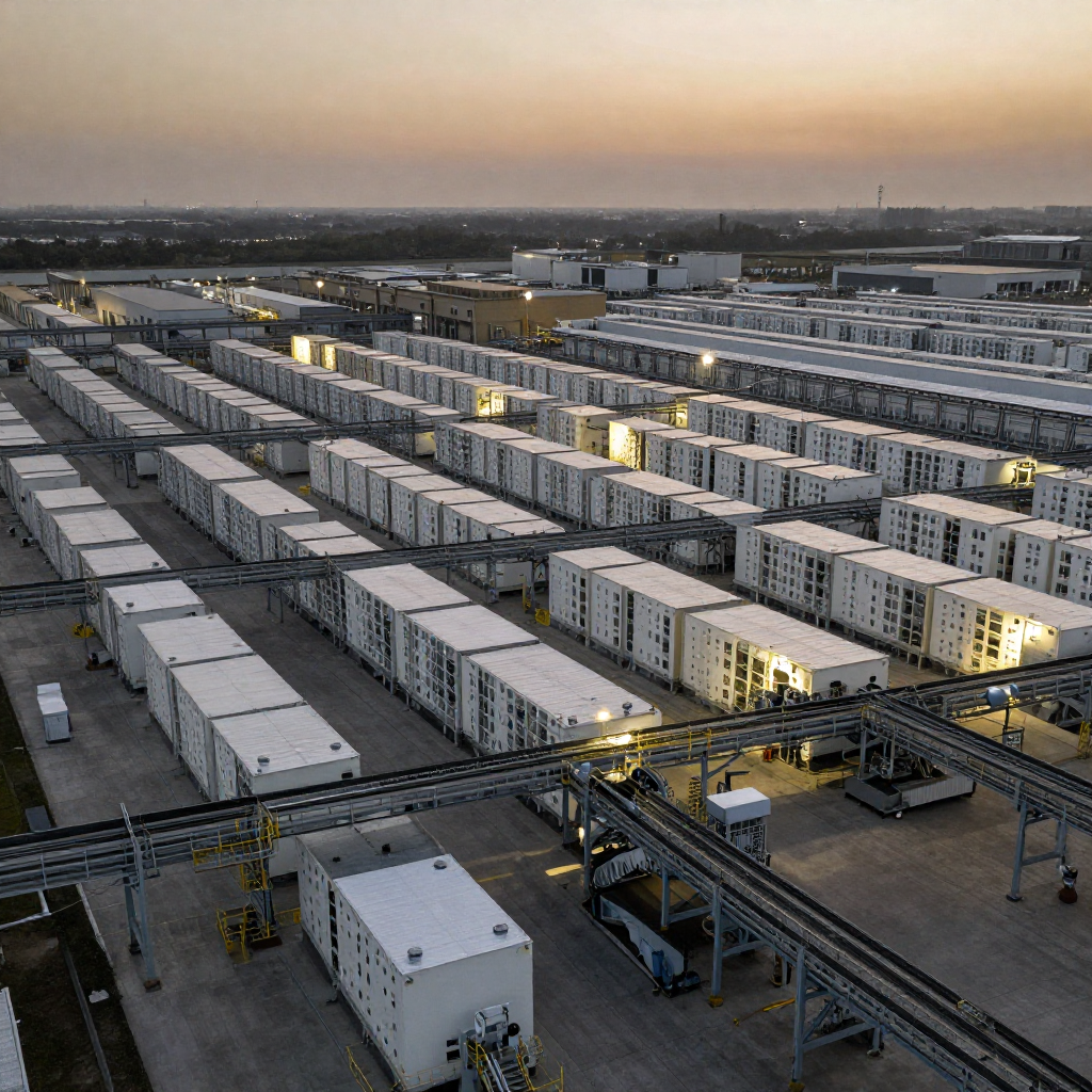 industrial scale photography, clean documentary style, infrastructure photography, muted industrial palette, systematic perspective, elevated vantage point, engineering photography, operational facilities, a vast pharmaceutical logistics hub at twilight, endless rows of climate-controlled storage units and automated conveyor arrays stretching into the horizon, backlit by the low, slanting amber light of dusk, an atmosphere of silent, systemic momentum [Z-Image Turbo]