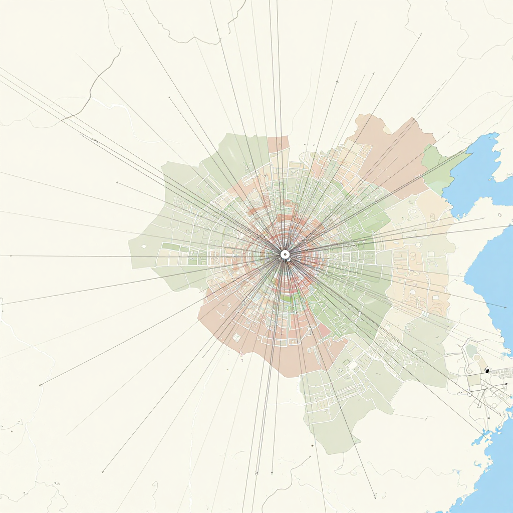 flat color political map, clean cartographic style, muted earth tones, no 3D effects, geographic clarity, professional map illustration, minimal ornamentation, clear typography, restrained color coding, flat 2D city map with interwoven threads of annotation lines linking contrasting amenity zones, subtle pastel gradients demarcating districts, clean vector outlines, thin precision lines radiating between dissimilar nodes, overhead schematic lighting, clinical yet dynamic atmosphere [Z-Image Turbo]