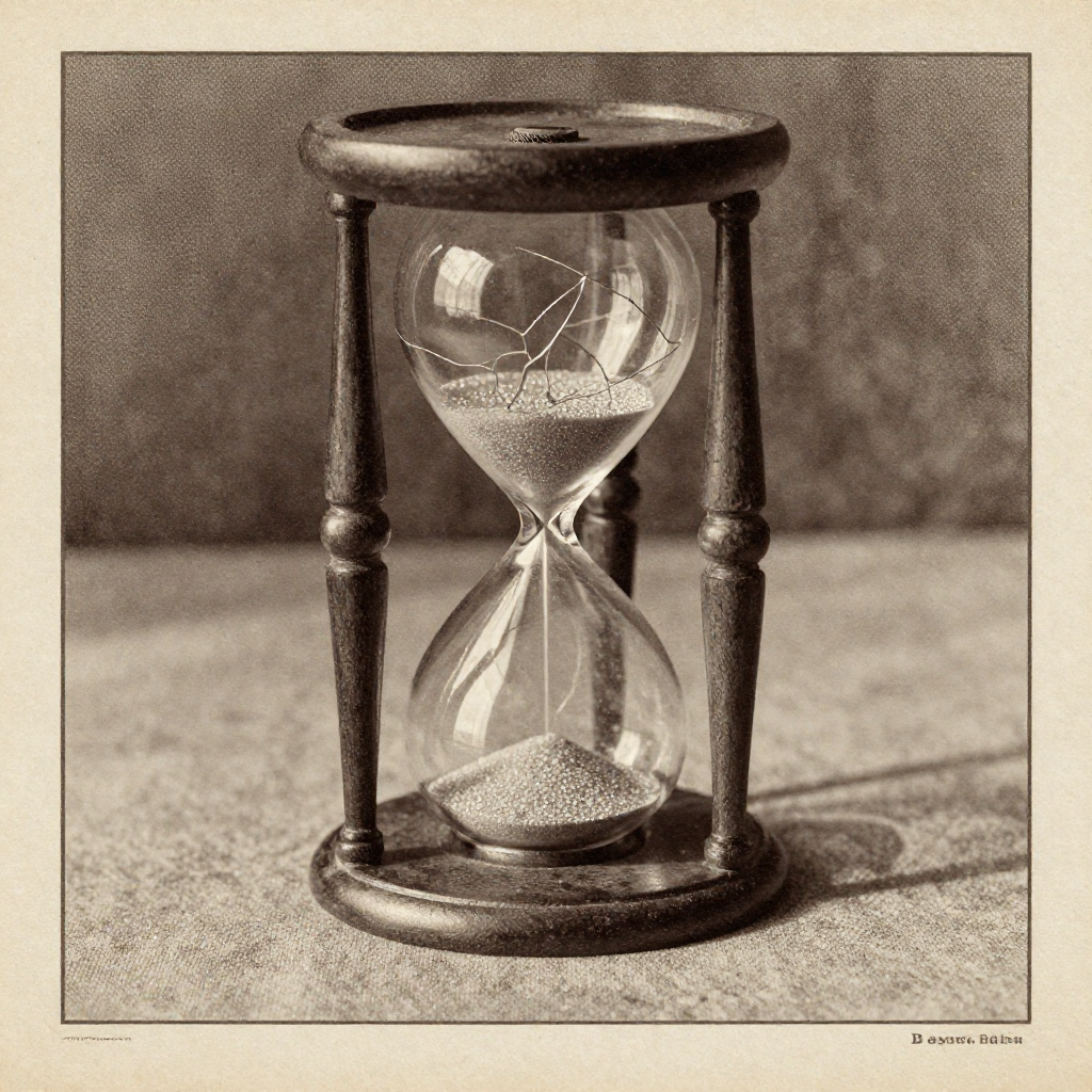 vintage Victorian newspaper photograph, sepia tone, aged paper texture, halftone dot printing, 1890s photojournalism, slight grain, archival quality, authentic period photography, a cracked glass hourglass filled with fading bioluminescent particles, dramatic side lighting casting long shards of shadow, atmosphere of quiet collapse and irreversible loss [Z-Image Turbo]