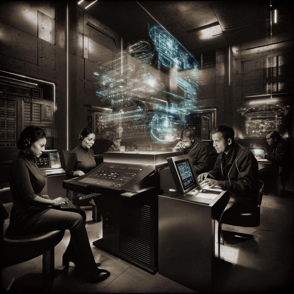 vintage Victorian newspaper photograph, sepia tone, aged paper texture, halftone dot printing, 1890s photojournalism, slight grain, archival quality, authentic period photography, interior of a futuristic data vault command center, glowing holographic schematics of cryptographic shields and transaction flows floating above a central console, focused technicians monitoring the displays under the stark, directional light of workstations, an atmosphere of intense, silent urgency. [bria/fibo/generate]