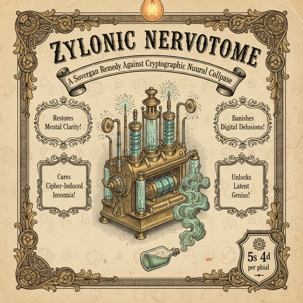 Victorian patent medicine advertisement, ornate decorative border with acanthus scrollwork and mechanical flourishes, bold Victorian grotesque typography headline reading "ZYLONIC NERVOTOME", central illustration of a complex brass-and-crystal apparatus with glowing aetheric conduits and Tesla-like coils labeled "Nervotome Resonator", mysterious vapors rising from an open phial below, aged sepia paper texture with visible halftone dot pattern, subtitle in arched banner beneath title: "A Sovereign Remedy Against Cryptographic Neural Collapse", claims in bordered Victorian text cartouches with filigree frames, price "5s 4d per phial" in ornamental badge at lower corner, overall 1890s commercial print aesthetic with engraved illustration style, cryptographic symbols faintly watermarking the background, steampunk-Victorian fusion design [Nano Banana]