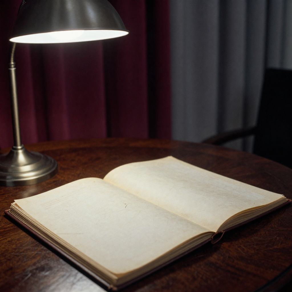 muted documentary photography, diplomatic setting, formal atmosphere, institutional gravitas, desaturated color palette, press photography style, 35mm film grain, natural lighting, professional photojournalism, An antique treaty ledger splayed open on a dark oak table, its parchment textured with fine cracks and wax-stained margins, one page blank but faintly luminescent at the edges as if charged by unseen ink, side-lit by low-angle light from a shaded institutional lamp, the atmosphere hushed and heavy with anticipation beneath a draped curtain of muted maroon and gray [Z-Image Turbo]