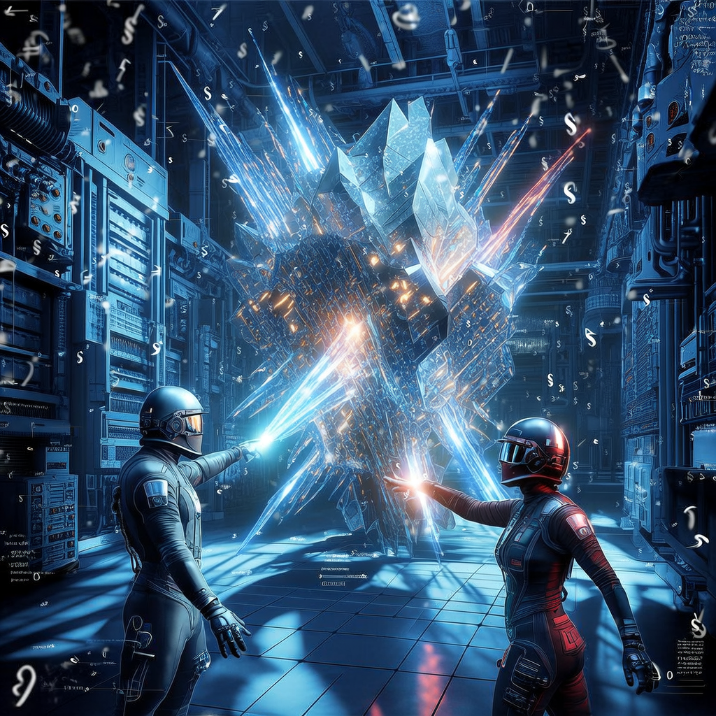 technical blueprint on blue paper, white precise lines, engineering annotations, 1950s aerospace, massive crystalline blockchain structure fracturing into glowing data streams while still operational, foreground figures in technical gear directing energy beams toward the transformation, harsh directional lighting from within the structure casting long dramatic shadows across the cavernous server hall, tense atmosphere of controlled chaos with floating mathematical symbols in the air [bria/fibo/generate]