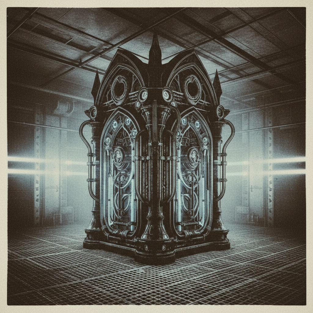 vintage Victorian newspaper photograph, sepia tone, aged paper texture, halftone dot printing, 1890s photojournalism, slight grain, archival quality, authentic period photography, a massive quantum-annealing rig, forged from blackened titanium and veined with pulsing cryogenic conduits, lit from the side by cold blue strobes, standing like a sarcophagus in a sterile sub-basement thick with ozone haze [Nano Banana]