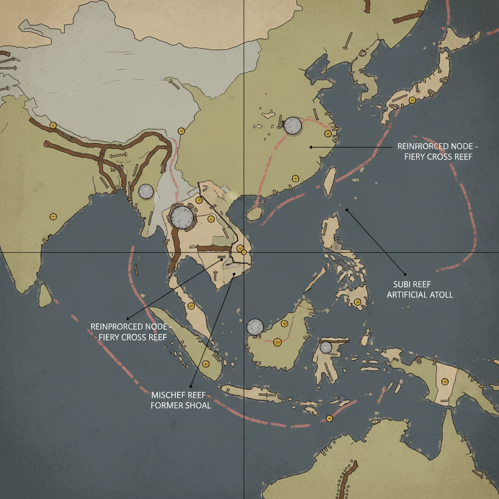 flat color political map, clean cartographic style, muted earth tones, no 3D effects, geographic clarity, professional map illustration, minimal ornamentation, clear typography, restrained color coding, flat 2D nautical map of the South China Sea, inked lines of territorial claims fractured and stitched with metallic rivets, major shipping lanes marked in fading red, annotated with thin callout lines pointing to artificial islands as reinforced concrete nodes, illuminated from above with sharp, even light casting precise shadows, atmosphere of tense order and suppressed conflict [Nano Banana]