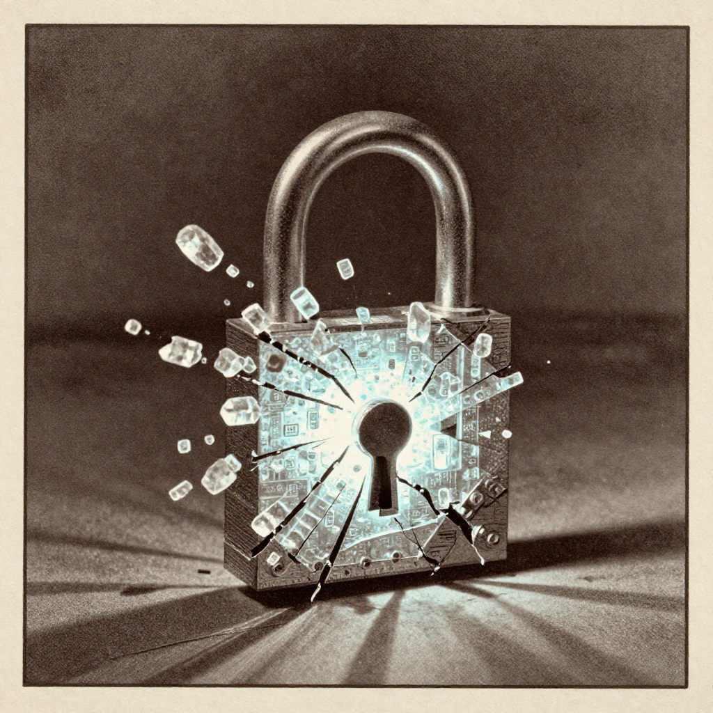 vintage Victorian newspaper photograph, sepia tone, aged paper texture, halftone dot printing, 1890s photojournalism, slight grain, archival quality, authentic period photography, a fractured quantum lock, made of glowing crystalline code fragments suspended in a decaying mechanical framework, cracked down the center as if struck by invisible force, side-lit by cold blue-white light casting long, splintered shadows, atmosphere of silent rupture and irreversible breach [Z-Image Turbo]