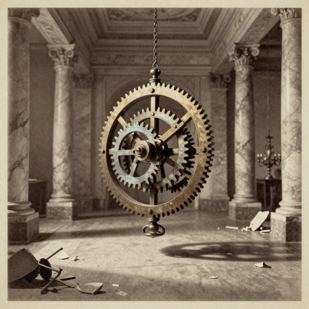 vintage Victorian newspaper photograph, sepia tone, aged paper texture, halftone dot printing, 1890s photojournalism, slight grain, archival quality, authentic period photography, a self-winding cryptographic lattice, forged in tarnished bronze and interlocking obsidian gears, lit from the left by a sharp, raking beam that casts long, razor-thin shadows, suspended in silent defiance within a vast, dimly lit hall of shattered marble columns and fallen chandeliers [Z-Image Turbo]