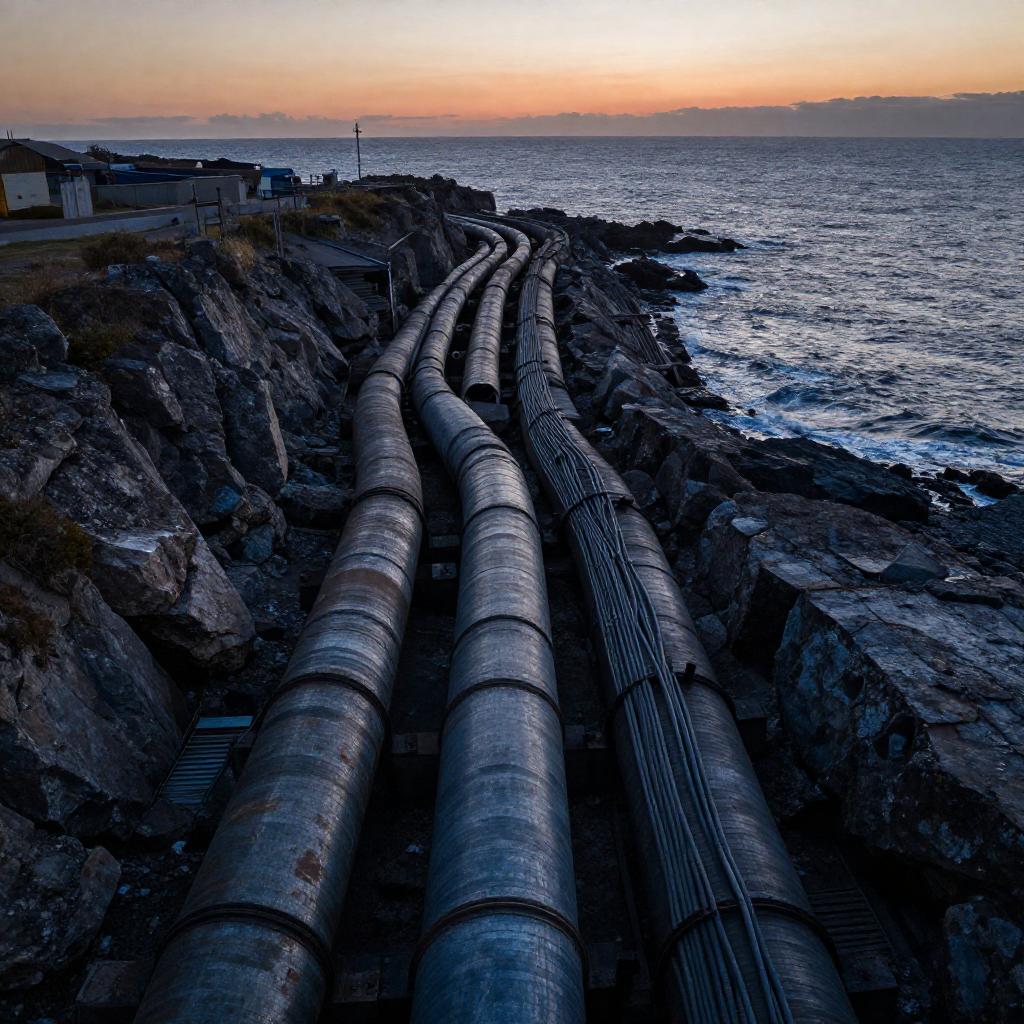 industrial scale photography, clean documentary style, infrastructure photography, muted industrial palette, systematic perspective, elevated vantage point, engineering photography, operational facilities, exposed undersea cable conduit snaking across a rocky coastline, armored fiber-optic lines bundled in corroded steel sheathing, shot from above at dusk, cold blue light fading into deep orange on the horizon, atmosphere of quiet vulnerability as waves lick the edge of the trench—orderly lines giving way to erosion and isolation [Z-Image Turbo]