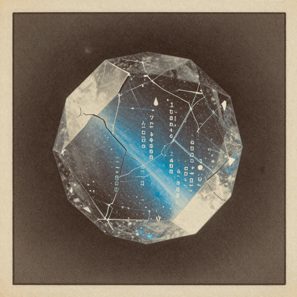 vintage Victorian newspaper photograph, sepia tone, aged paper texture, halftone dot printing, 1890s photojournalism, slight grain, archival quality, authentic period photography, cracked crystalline dodecahedron inscribed with shifting prime residues, fractured along algorithmic fault lines, illuminated from the side by a narrow beam of cold blue light tracing gradient descent paths, suspended in a silent vacuum humming with residual data echoes [Z-Image Turbo]