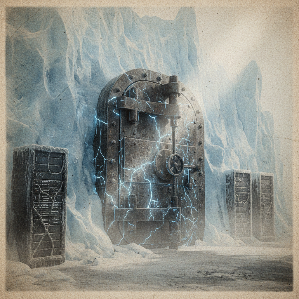 vintage Victorian newspaper photograph, sepia tone, aged paper texture, halftone dot printing, 1890s photojournalism, slight grain, archival quality, authentic period photography, a massive, ancient vault door half-submerged in glacial ice, its iron surface pitted and webbed with glowing blue fissures that pulse faintly like failing LEDs, illuminated by cold side light slicing through frozen server racks, atmosphere thick with suspended frost and the silence of irreversible decay [Nano Banana]