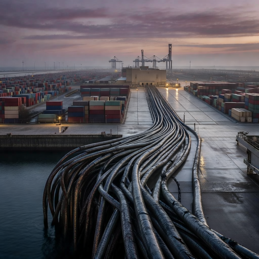 industrial scale photography, clean documentary style, infrastructure photography, muted industrial palette, systematic perspective, elevated vantage point, engineering photography, operational facilities, A fraying tangle of thick, armored fiber-optic cables emerging from dark seawater onto a barren concrete causeway, their sheathed cores slightly split and glistening with moisture under a low-angle dusk light. The cables stretch in parallel lines across a vast, grid-like landing facility, disappearing into a distant, sterile terminal building surrounded by silent cranes and endless rows of multicolored shipping containers fading into the hazy horizon. Long shadows stretch eastward under a bruised purple and amber sky, the air thick with salt and static. The ground is damp, reflecting the dim glow of perimeter lights just beginning to flicker on, emphasizing the vulnerability of this critical node where global flows converge—exposed, unguarded, and quietly unraveling. [Bria Fibo]
