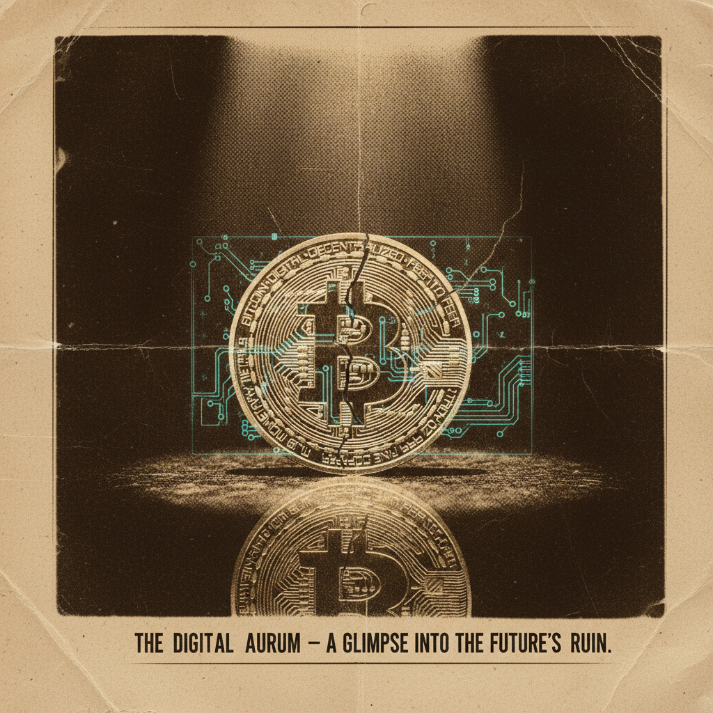 vintage Victorian newspaper photograph, sepia tone, aged paper texture, halftone dot printing, 1890s photojournalism, slight grain, archival quality, authentic period photography, A single, physical gold-plated Bitcoin coin on a dark, polished surface, with a complex, shimmering holographic quantum circuit diagram fracturing and phasing through it, dramatic overhead spotlight creating sharp reflections on the coin and deep shadows around it, an atmosphere of silent, impending digital collapse. [fal-ai/nano-banana]
