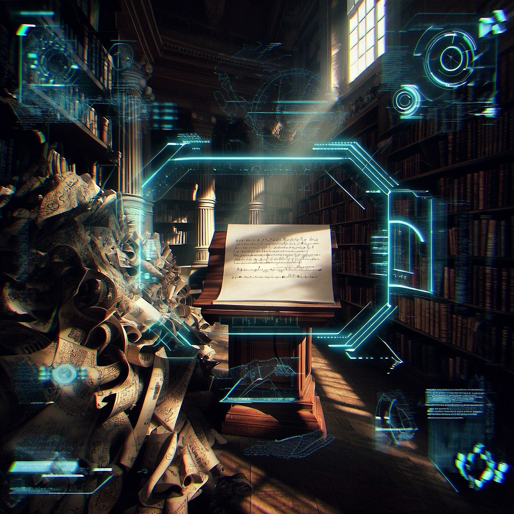 first-person view through futuristic HUD interface filling entire screen, transparent holographic overlays, neon blue UI elements, sci-fi heads-up display, digital glitch artifacts, RGB chromatic aberration, data corruption visual effects, immersive POV interface aesthetic, A vast, shadowy library from the Age of Enlightenment, a mountainous pile of chaotic, unfurled scrolls and complex diagrams on one side contrasted with a single, perfectly illuminated sheet of parchment displaying an elegant mathematical proof on a central lectern, dramatic light from a high window casting long shadows and a sharp beam on the pivotal document, an atmosphere of profound discovery and intellectual revolution. [bria/fibo/generate]
