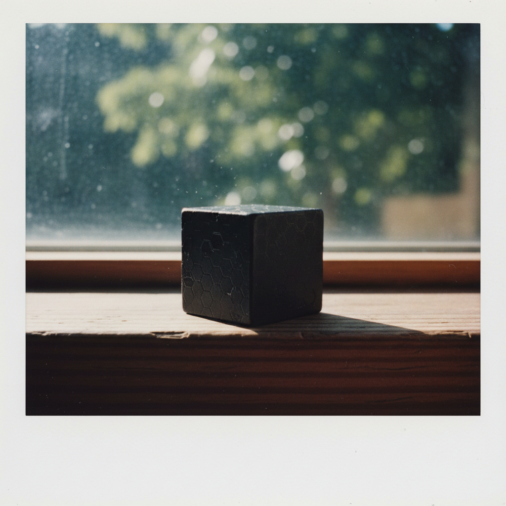 instant Polaroid photograph, vintage 1970s aesthetic, faded colors, white border frame, slightly overexposed, nostalgic lo-fi quality, amateur snapshot, A matte black cube the size of a sugar cube, its surface etched with faint hexagonal patterns suggesting graphene layers, resting on a sunlit wooden windowsill. Morning light strikes from the upper left, casting a sharp, delicate shadow that reveals microscopic ridges along its edge. The air is still, dust motes suspended above it like orbiting particles. Outside, blurred leaves tremble in the breeze, but the cube sits perfectly still—dense, silent, humming with latent change. [Nano Banana]