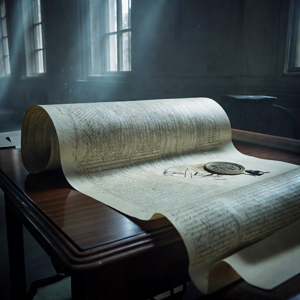 muted documentary photography, diplomatic setting, formal atmosphere, institutional gravitas, desaturated color palette, press photography style, 35mm film grain, natural lighting, professional photojournalism, A long parchment unfurling across a dark walnut table, its surface covered in fine, shifting ink script generated by an unseen mechanism, the paper textured with faint circuit-like fibers and embedded micro-labels in machine script, side-lit by narrow shafts of cold morning light filtering through tall institutional windows, the air thick with silent dust and the weight of irreversible decisions, the seal of a city emblem cracking slightly as automated signatures imprint themselves in fading black wax [Bria Fibo]