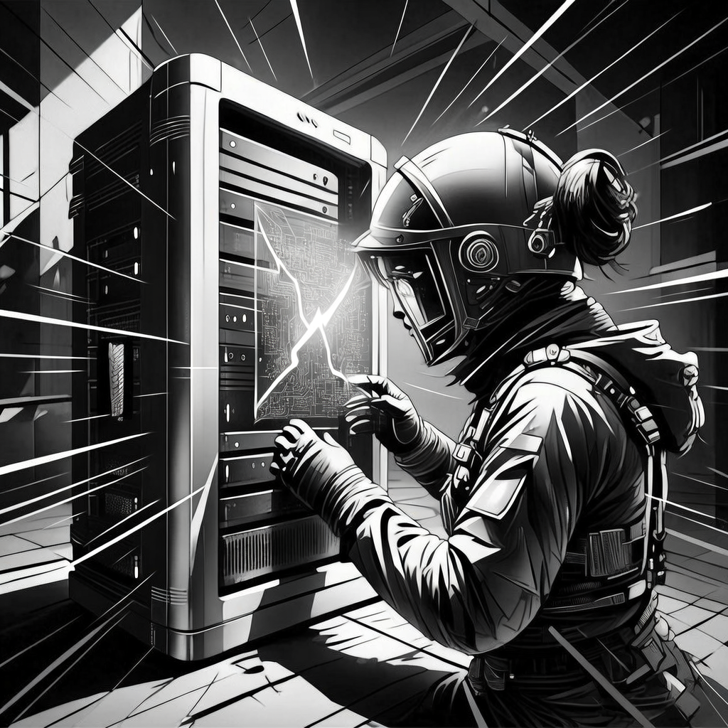 black and white manga panel, dramatic speed lines, Akira aesthetic, bold ink work, A pristine, minimalist 5G network core server rack with a holographic projection of its authentication protocol, revealing a glowing fracture line, a single technician in protective gear analyzing the flaw under sharp, directional light that casts long shadows, an atmosphere of urgent discovery and systemic fragility. [bria/fibo/generate]