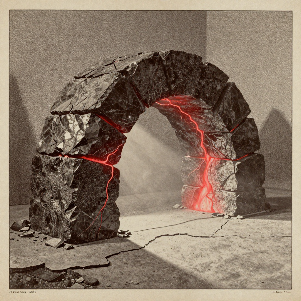 vintage Victorian newspaper photograph, sepia tone, aged paper texture, halftone dot printing, 1890s photojournalism, slight grain, archival quality, authentic period photography, a massive obsidian keystone fused into a crumbling server arch, veined with pulsing red hash-light, heat shimmer rising from its base, lit from the side by a cold blade of light casting long fractures across the concrete floor, atmosphere of structural tension and silent overload [Z-Image Turbo]