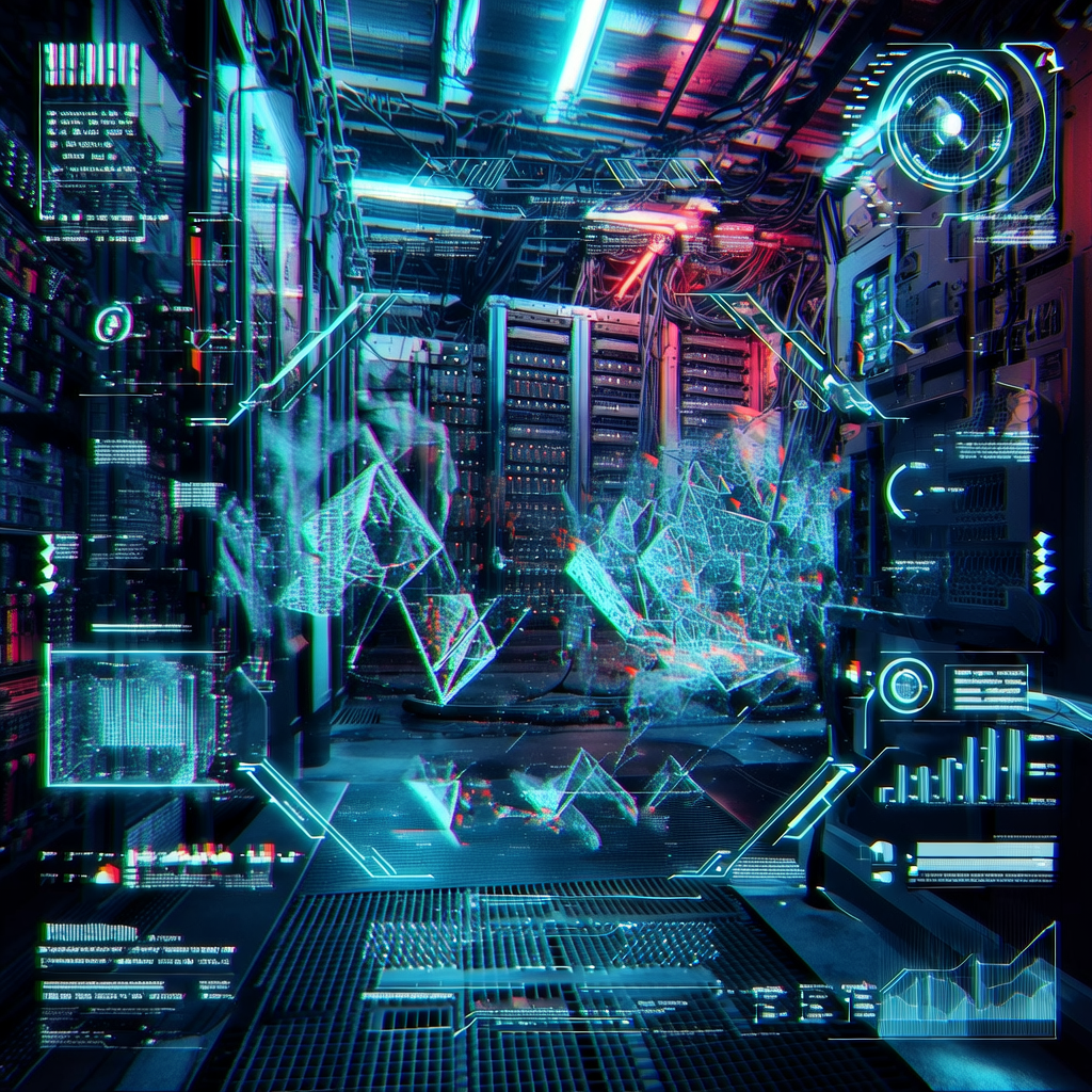 first-person view through futuristic HUD interface filling entire screen, transparent holographic overlays, neon blue UI elements, sci-fi heads-up display, digital glitch artifacts, RGB chromatic aberration, data corruption visual effects, immersive POV interface aesthetic, A high-tech server room with holographic blockchain structures visibly cracking and dissolving under an unseen digital assault, dramatic blue and red emergency lighting casting sharp shadows, tense and ominous atmosphere, cyberpunk aesthetic with cinematic depth of field, highly detailed, trending on ArtStation