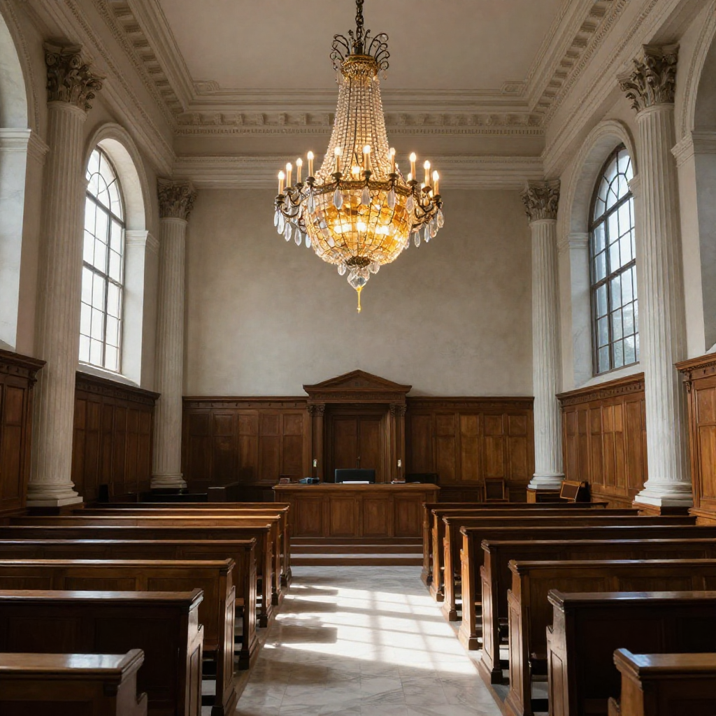 empty formal interior, natural lighting through tall windows, wood paneling, institutional architecture, sense of history and permanence, marble columns, high ceilings, formal furniture, muted palette, an overheating crystal chandelier suspended in a vast, empty legislative chamber, its prisms glowing amber at the core with heat-cracked facets, veins of molten glass weeping downward, sunlight streaming through tall arched windows casting long shadows over marble floors and rows of vacant wooden benches [Z-Image Turbo]