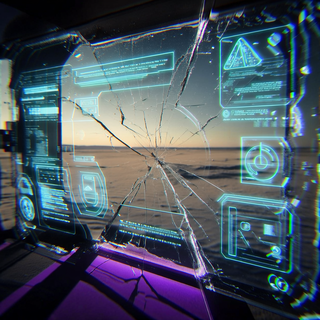 first-person view through futuristic HUD interface filling entire screen, transparent holographic overlays, neon blue UI elements, sci-fi heads-up display, digital glitch artifacts, RGB chromatic aberration, data corruption visual effects, immersive POV interface aesthetic, A cracked transparent heads-up display hovering in mid-air, its surface etched with faint corrosion and hairline fractures radiating from the center, made of cold, reflective smart-glass with degraded data glyphs flickering in the periphery, backlit by a low, harsh dawn light from below, casting long violet shadows across the interface edges, atmosphere of silent betrayal and exposed vulnerability, the central view showing only a distant, featureless desert horizon through the split [Bria Fibo]