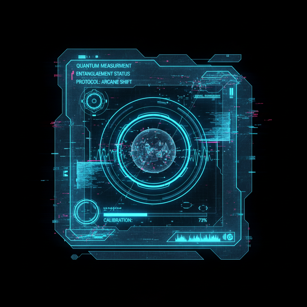 first-person view through futuristic HUD interface filling entire screen, transparent holographic overlays, neon blue UI elements, sci-fi heads-up display, digital glitch artifacts, RGB chromatic aberration, data corruption visual effects, immersive POV interface aesthetic, a translucent quantum measurement HUD, etched glass and faint holographic waveforms, light glowing from within and casting sharp horizontal rakes across the surface, suspended over a void-black background, atmosphere of calibrated tension as patterns shift between chaos and clarity [Nano Banana]