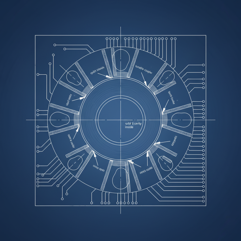 technical blueprint on blue paper, white precise lines, engineering annotations, 1950s aerospace, cutaway view of a cylindrical superconducting microwave cavity at the center of a chip-scale circuit, with faintly glowing qubit islands spaced around its perimeter, connected by retractable electromagnetic waveguides that extend and retract like iris diaphragms; annotated with fine white lines labeling 'coupling mode,' 'qubit-cavity interface,' and 'tunable coupler'; soft gradient negative space in deep indigo, top-down lighting casting subtle shadows inside the cavity walls, atmosphere of precision and latent activation [Nano Banana]