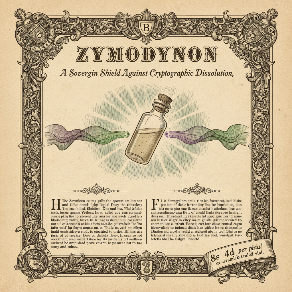 Victorian patent medicine advertisement, ornate decorative border with acanthus scrollwork and flourishes, bold Victorian serif typography headline reading "ZYMODYNON", subtitle "A Sovereign Shield Against Cryptographic Dissolution" in elegant script below, central illustration of a ceramick-sealed glass phial glowing with protective aura, mysterious quantum emanations depicted as wispy spectral waves being repelled, aged sepia paper texture with halftone dot printing effect, period-appropriate text blocks with drop caps and decorative dividers containing testimonials, price "8s 4d per phial in ceramick-sealed vial" displayed in lower corner ribbon badge, Victorian commercial illustration style, 1890s medicinal advertisement aesthetic [Nano Banana]