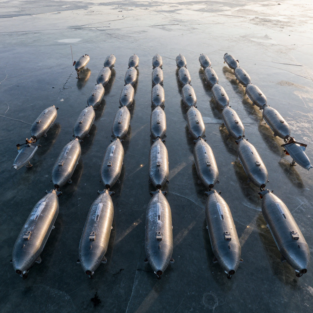 industrial scale photography, clean documentary style, infrastructure photography, muted industrial palette, systematic perspective, elevated vantage point, engineering photography, operational facilities, a submerged grid of identical torpedo-shaped drones resting on the seafloor in precise formation, their titanium hulls streaked with frost and biofilm, aligned like sentinels beneath a fractured ice sheet, dawn light filtering from above in cold diagonal shafts, casting long shadows across silt and sunken wreckage, the stillness broken only by the occasional flicker of a status LED—mechanical silence holding the weight of territorial claim [Z-Image Turbo]