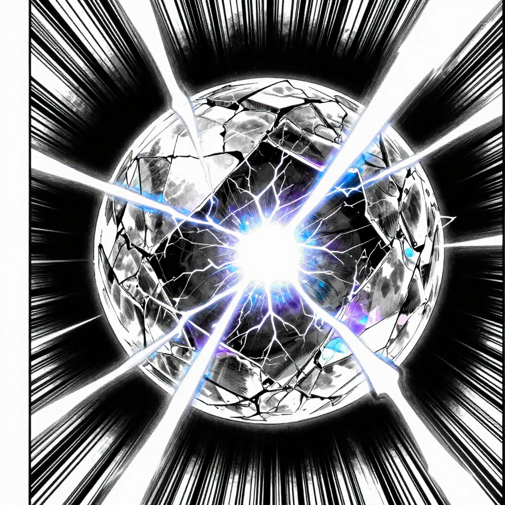 black and white manga panel, dramatic speed lines, Akira aesthetic, bold ink work, a fractured quantum crystal sphere, made of layered iridescent silica with internal fractures glowing in faint electric blue and violet, extreme close-up showing hairline splits branching like frozen lightning, speed lines radiating outward from the central crack, lit from within by pulsing low-intensity light, surrounded by deep black void and sharp shadows [Z-Image Turbo]