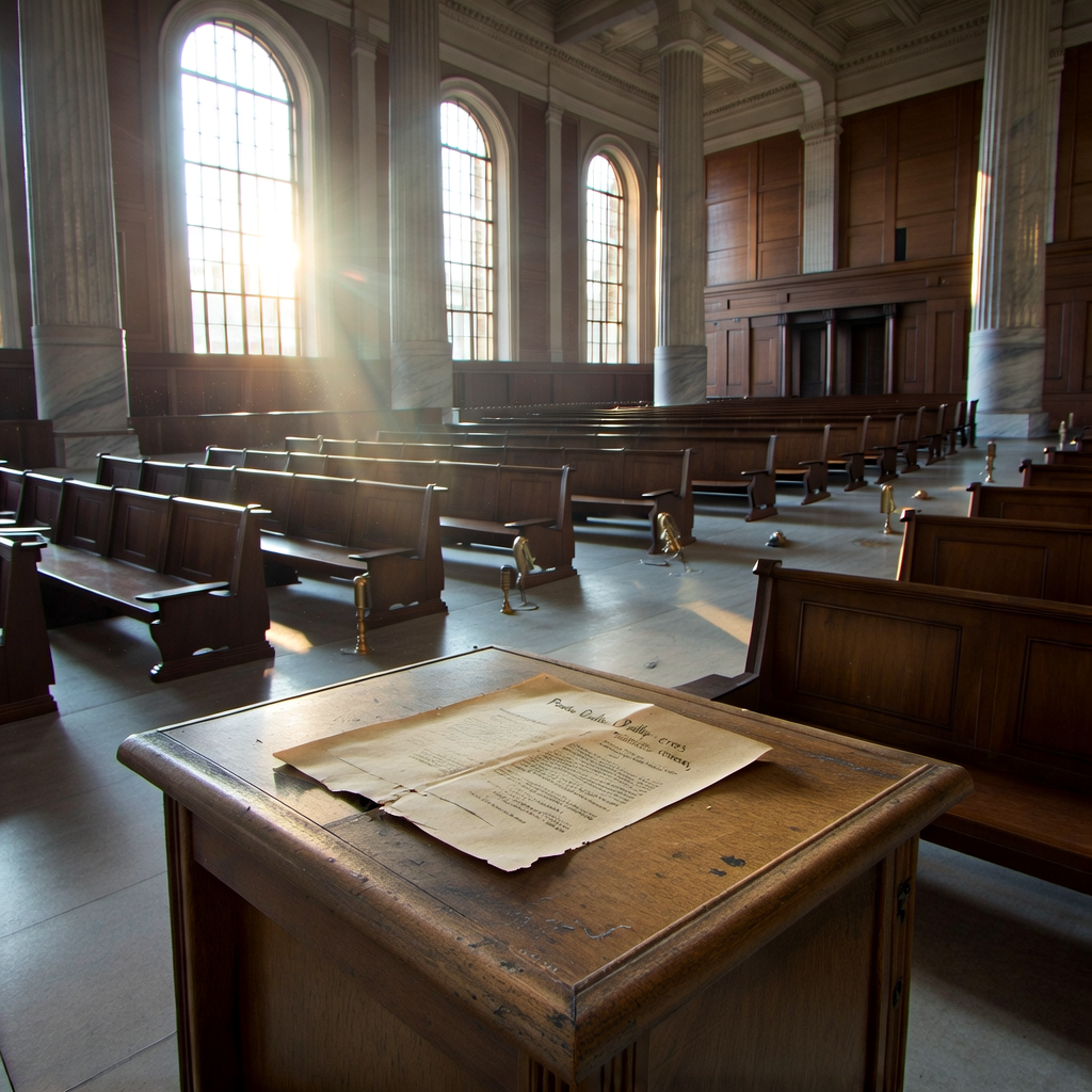 empty formal interior, natural lighting through tall windows, wood paneling, institutional architecture, sense of history and permanence, marble columns, high ceilings, formal furniture, muted palette, A vast, empty 1930s legislative chamber at dawn, sunlight slanting through tall arched windows, illuminating a weathered wooden desk where a single typewritten document—“Public Utility Decree, 1935”—lies open, its paper yellowed and cracked, ink slightly smudged; rows of empty oak benches recede into shadow, the air still with dust motes hanging above silent brass microphones embedded in the floor. [Bria Fibo]